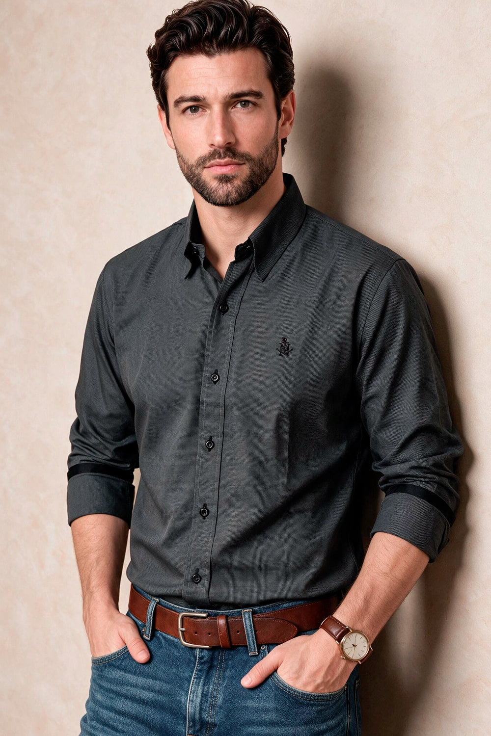 Camisa Navigation Gris Algodón - Slim Fit