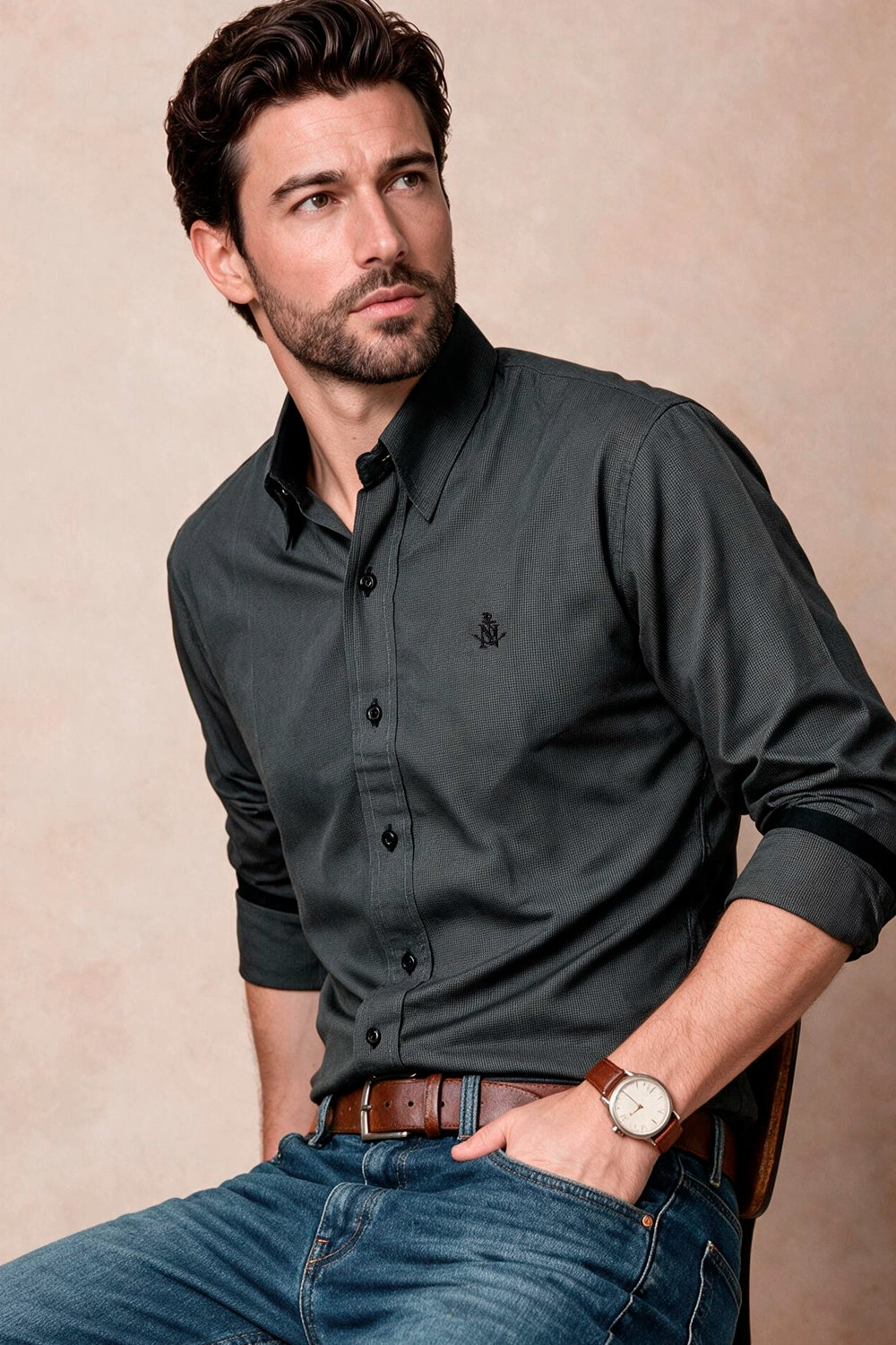 Camisa Navigation Gris Algodón - Slim Fit