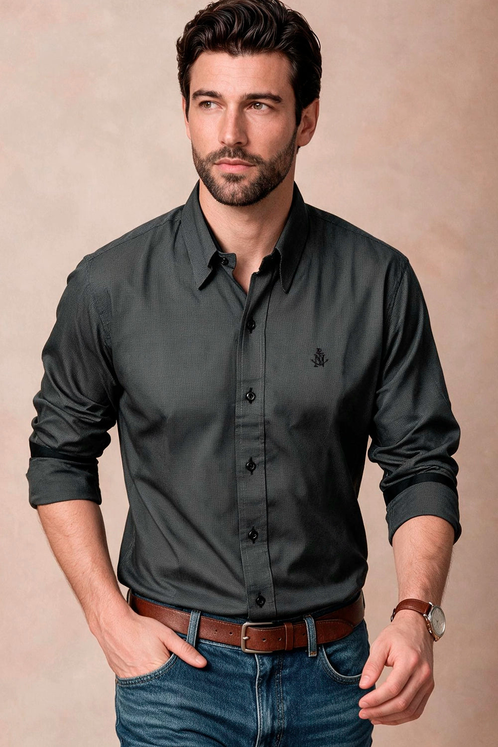 Camisa Navigation Gris Algodón - Slim Fit