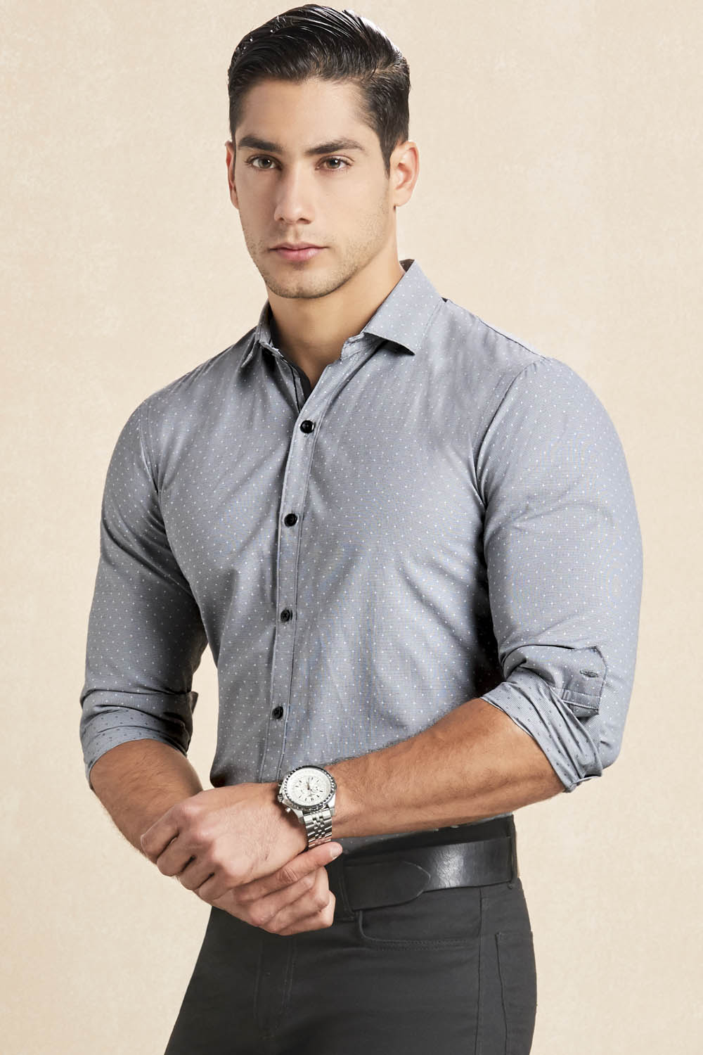 Camisa Slim Fit Gris Puntos