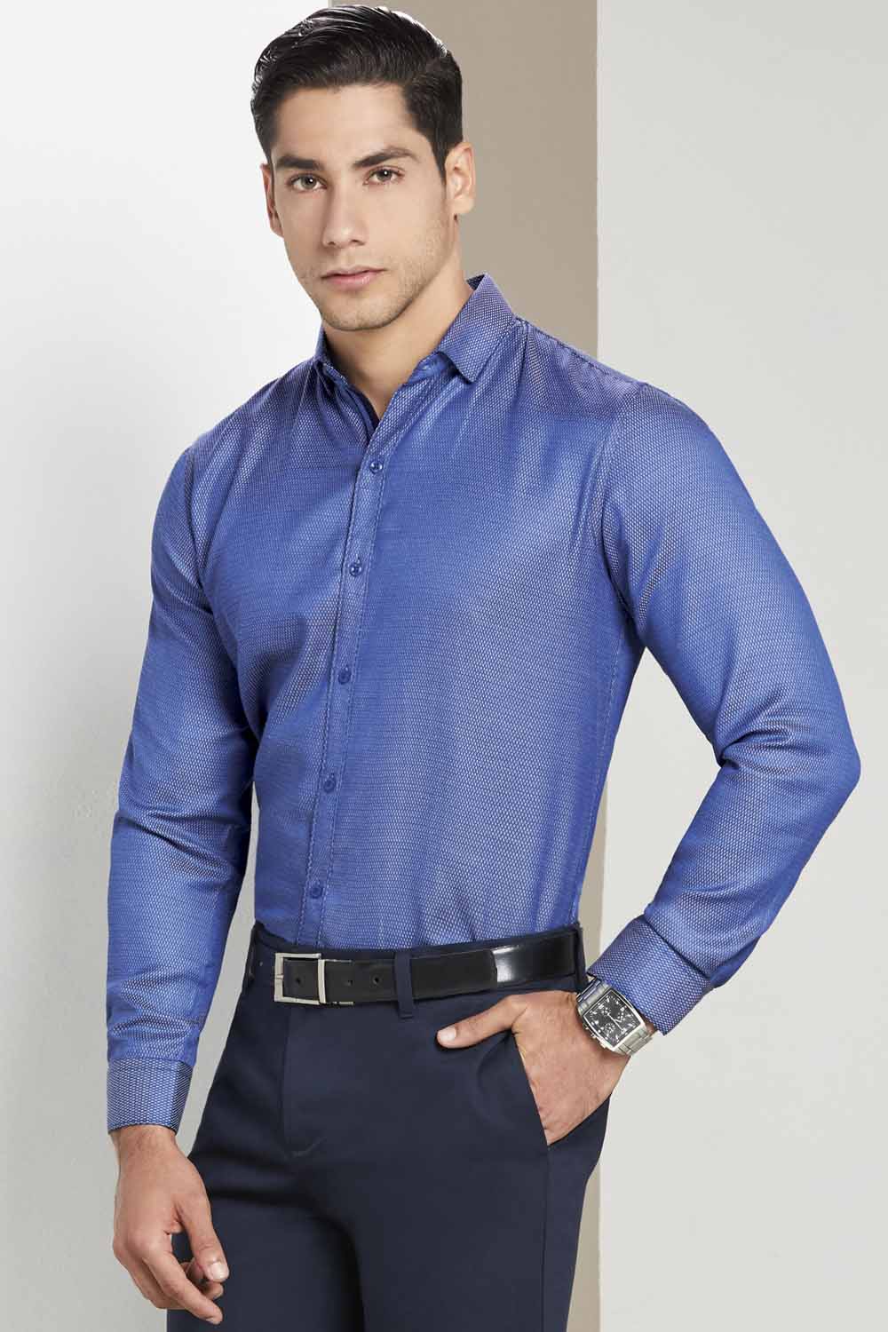 Camisa Slim Fit Azul Textura
