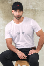 Camiseta slim fit para hombre con estampado en el frente, cuello redondo y manga corta