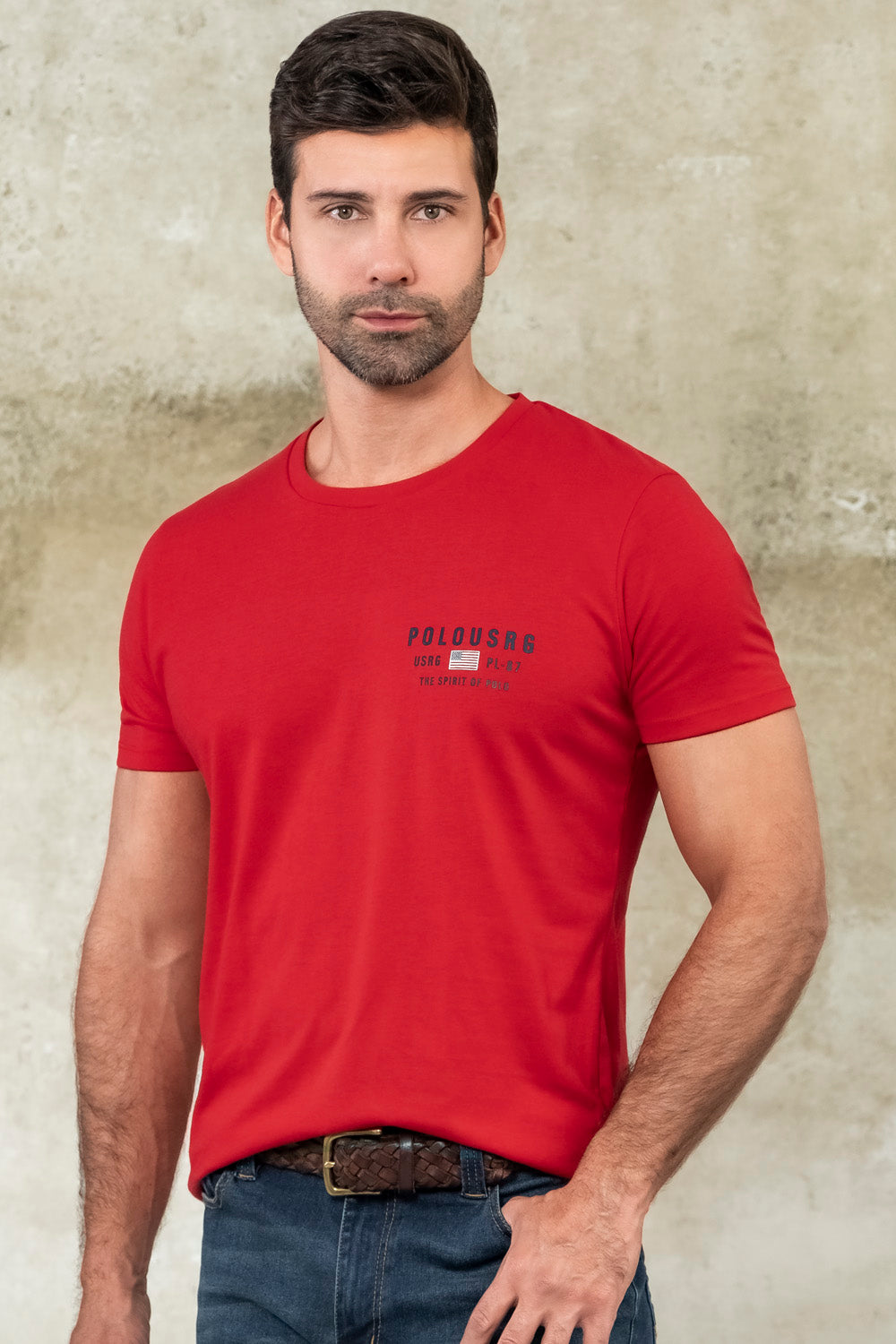 Camiseta slim fit para hombre con estampado delantero, cuello redondo y manga corta