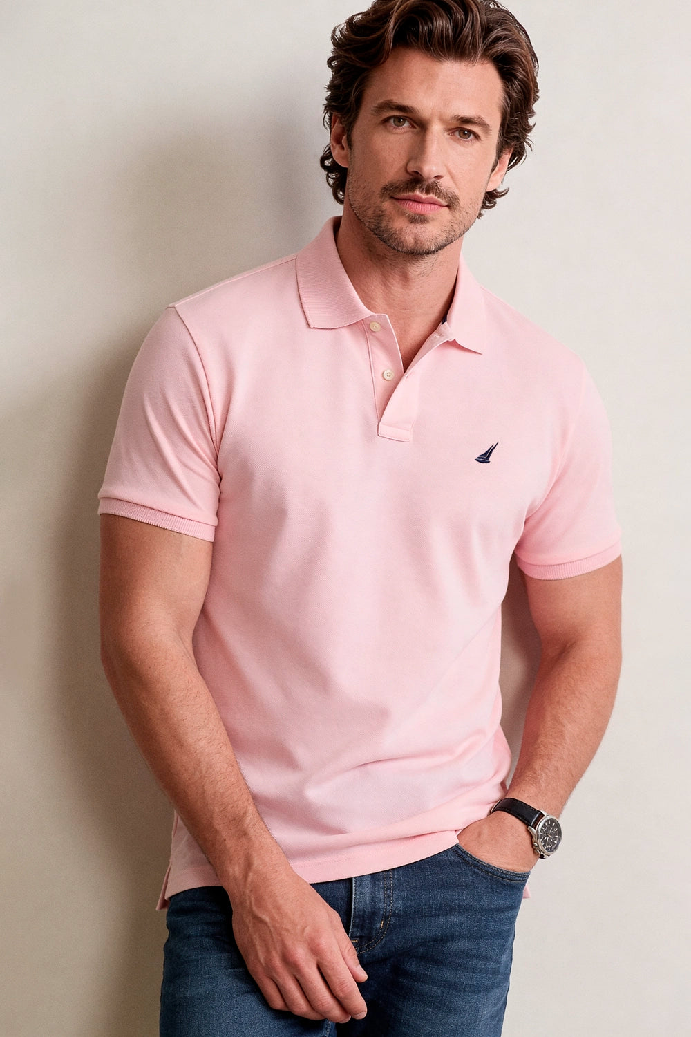 Polo custom fit para hombre en tela piqué con cuello y puños tejidos y bordado delantero